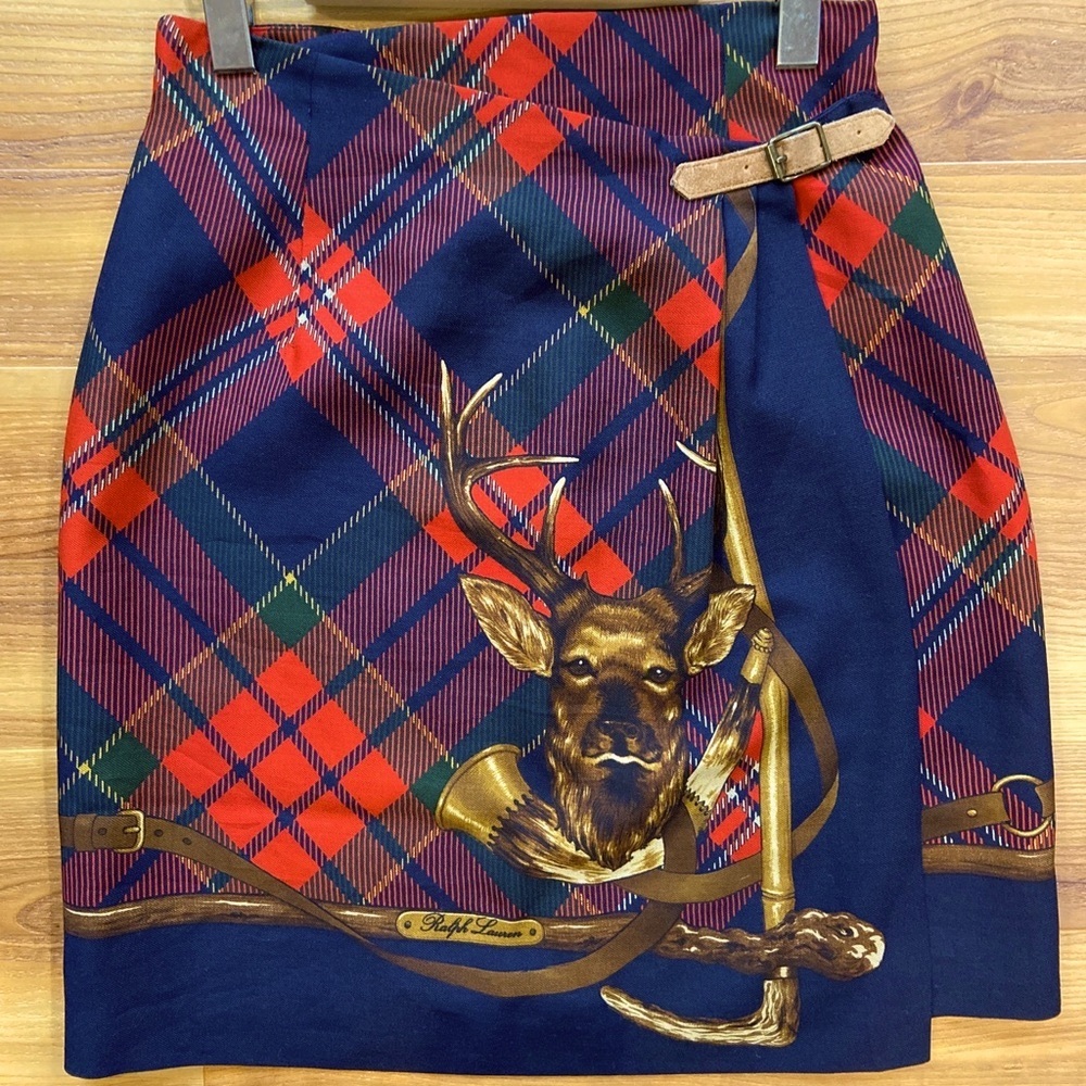 VTG 1980 RALPH LAUREN USA ‘Royal Stag’ Deer Wool Red Tartan Plaid Wrap Skirt | 8